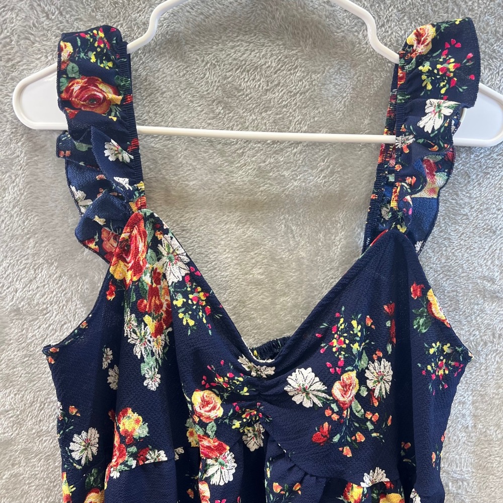 Timing 2X Navy Blue Floral Ruffle Strap Smocked Boho‎ Cottagecore Romantic